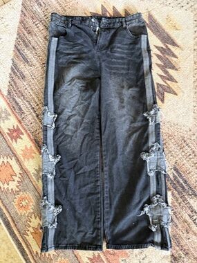 Source Unknown Black Wide-Leg Jeans with Side Distressed Stripe